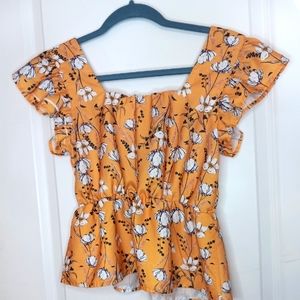 Women's Yellow Floral Ruffle Sleeve Top